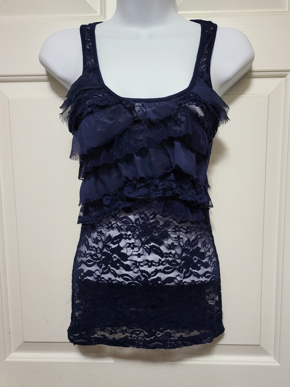 Navy Lace Ruffle Tank Top - Women